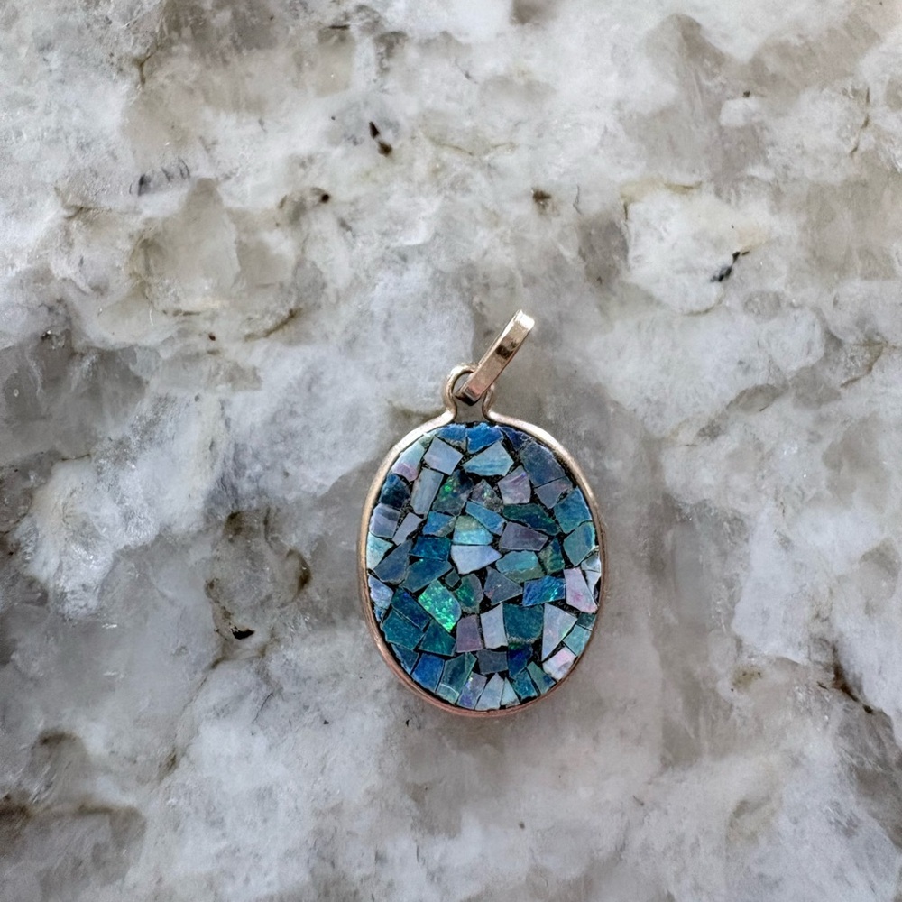 Gold Oval Mosaic Opal Pendant - Blue Green Pink GORGEOUS